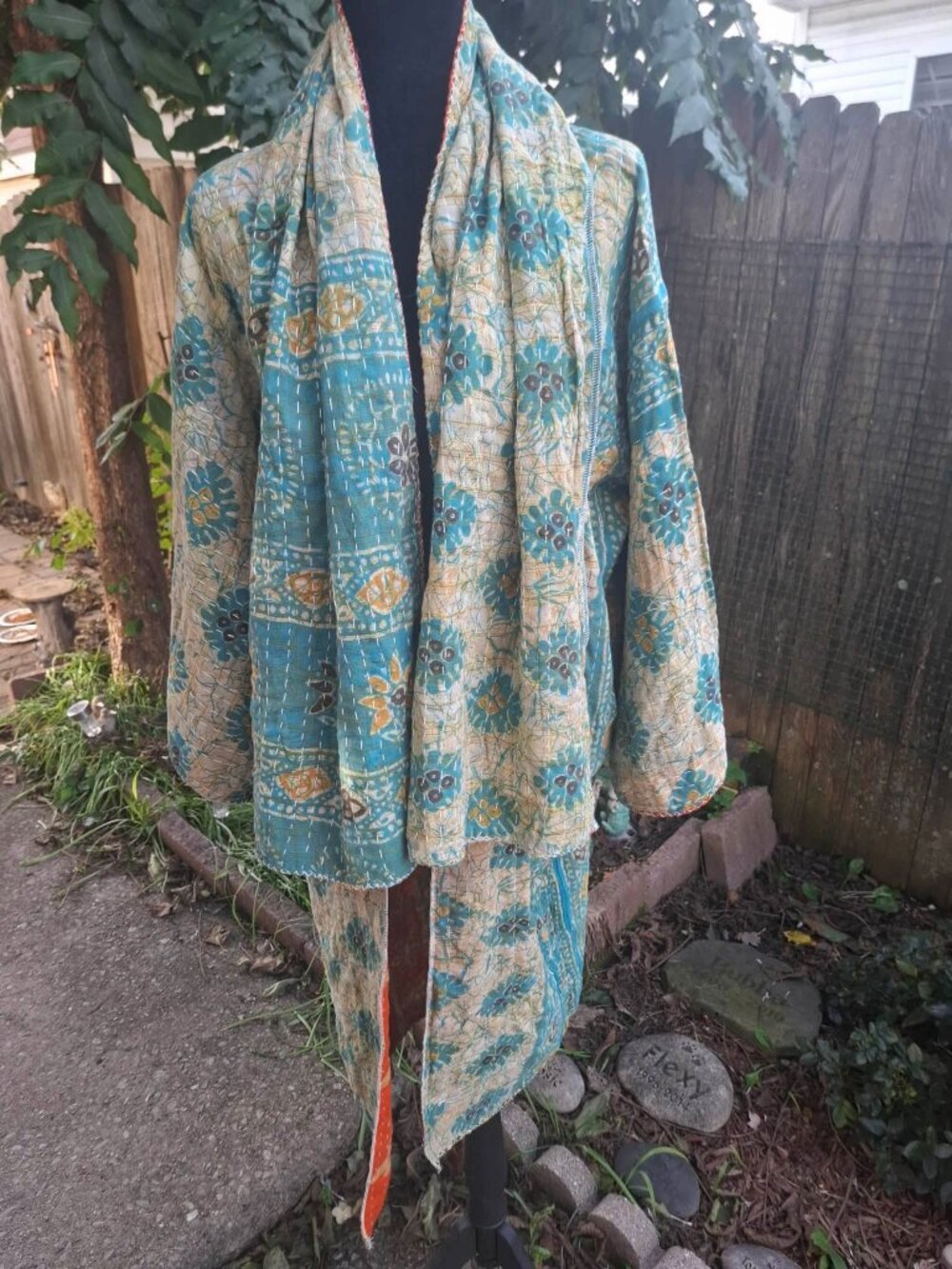 Women Handmade One Of A Kind Blue Kantha Duster Open Front Kimono & Scarf!